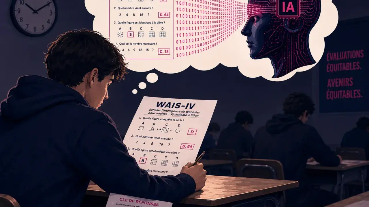 Un étudiant passe un test de QI, son esprit s'interroge sur l'IA et la possibilité de augmenter son QI.