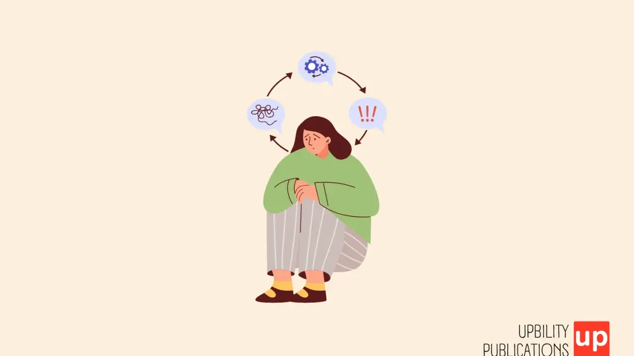Une personne assise, le regard perdu, entourée de bulles de pensée symbolisant le chaos mental, les engrenages et l'alerte. Une illustration qui évoque les défis du TSA Asperger.