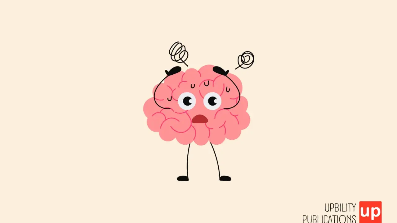 Cerveau rose cartoon, stressé, mains sur la tête, yeux écarquillés. Une illustration qui évoque les défis du HPI et de l'autisme.