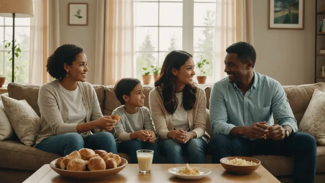Une famille souriante partage un repas sur le canapé. La maman organisée a préparé des petits pains et des accompagnements pour un moment convivial.