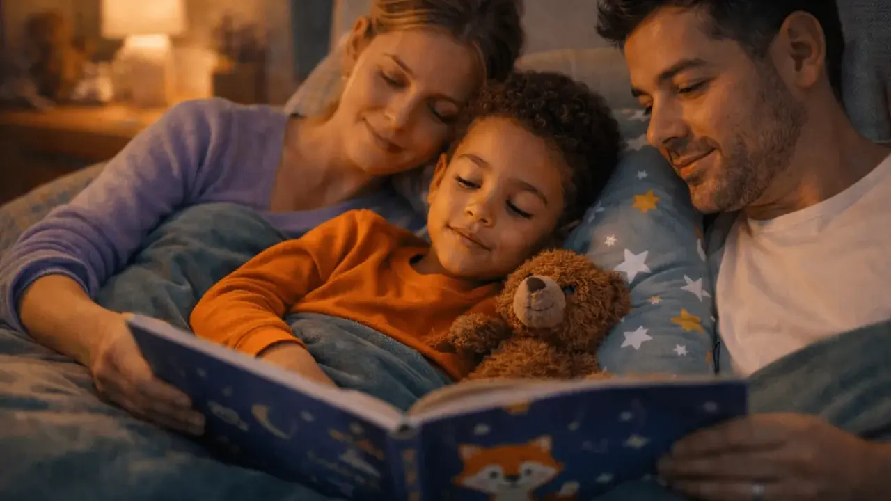 Un doux rituel du coucher pour un enfant de 10 ans : un papa et une maman lisent une histoire à leur fils, blotti contre un ours en peluche.