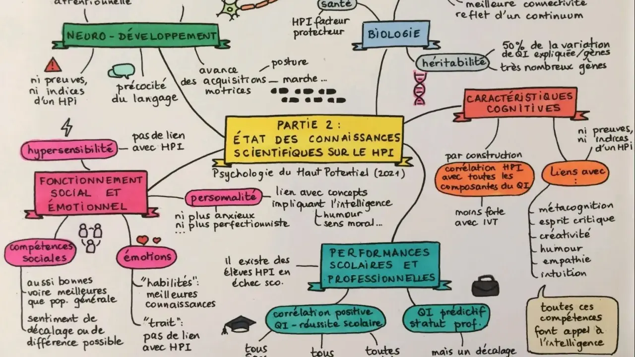 Carte mentale sur le HPI : neuro-développement, fonctionnement social et émotionnel, personnalité, performances scolaires et professionnelles, caractéristiques cognitives. Le HPI est un facteur protecteur.