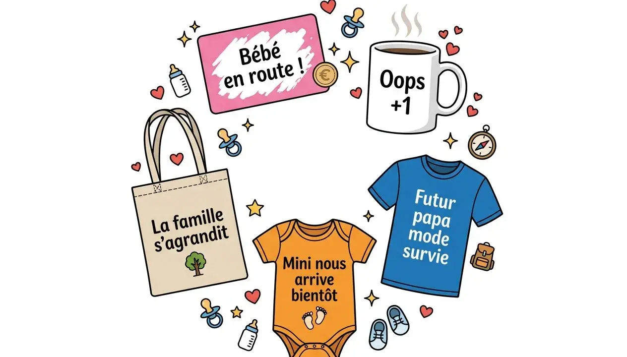 Une drôle d'annonce grossesse : "Bébé en route !", "Oops +1", "La famille s'agrandit", "Mini nous arrive bientôt" et un t-shirt "Futur papa mode survie".
