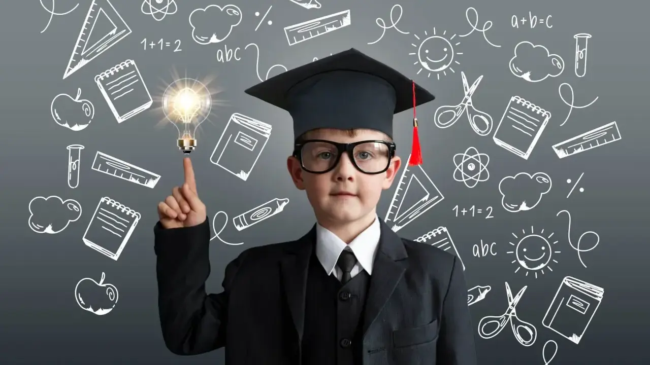 Un enfant HPI que faire ? Ce jeune prodige, coiffé d'un mortier, a une idée lumineuse. Autour de lui, des symboles scolaires.