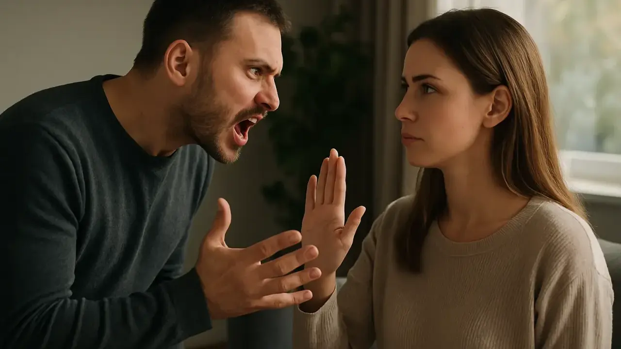 Un homme crie sur une femme qui lève la main pour se protéger. Une scène de conflit, peut-être une tentative de trouver une phrase pour déstabiliser un manipulateur.