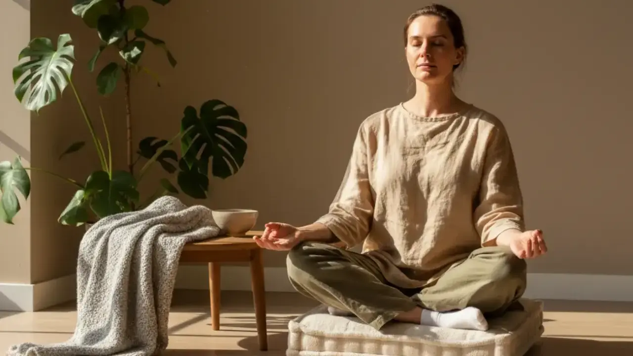 Femme méditant, apaisant son cerveau en ébullition. Une plante verte et une couverture ajoutent à l'atmosphère sereine.