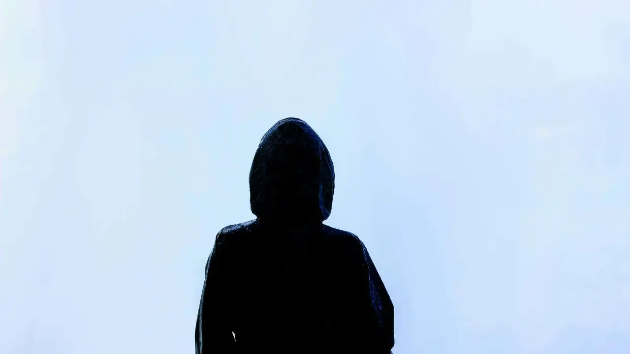 Silhouette d'une personne sous une capuche, le regard perdu dans le brouillard. Une image qui évoque la solitude, le mystère, et peut-être la présence d'une manipulatrice narcissique cachée.