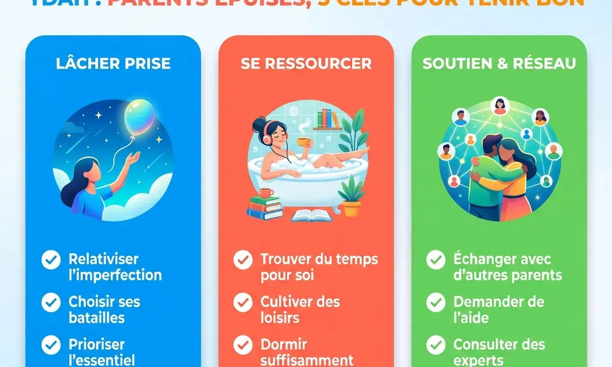 Une maman épuisée manque de sommeil. L'image illustre des clés pour les parents : lâcher prise, se ressourcer et trouver du soutien.