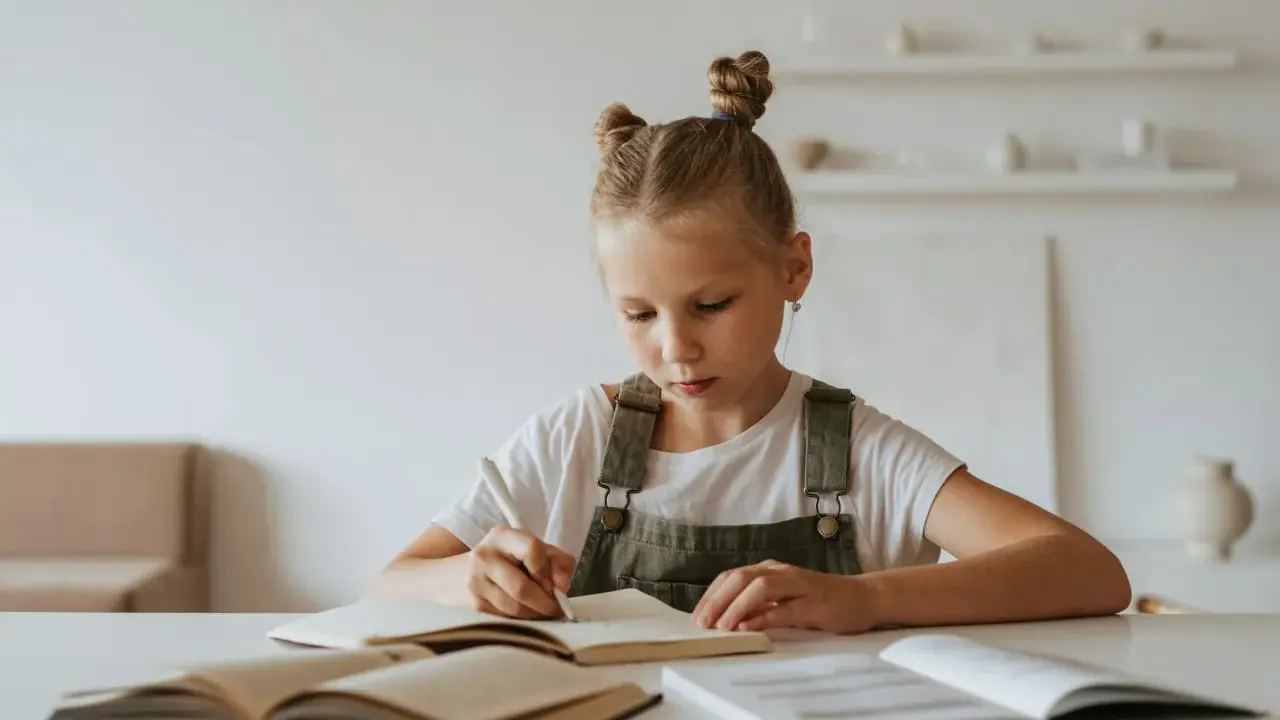 Jeune fille concentrée sur son cahier, peut-être en pleine préparation d'un test HPI WISC.