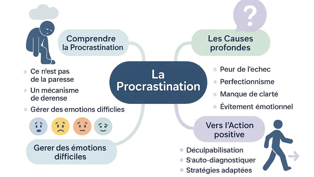 Schéma sur la procrastination : causes, compréhension, gestion des émotions et action positive. Un test pour sortir de ce cycle.
