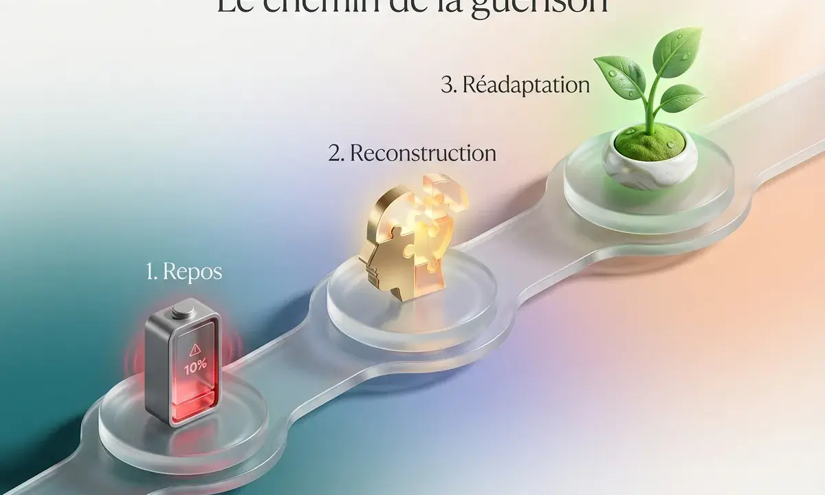 Le chemin de la guérison : 1. Repos (batterie faible), 2. Reconstruction (tête en puzzle), 3. Réadaptation (jeune pousse). Combien de temps pour se remettre d'un pn ?