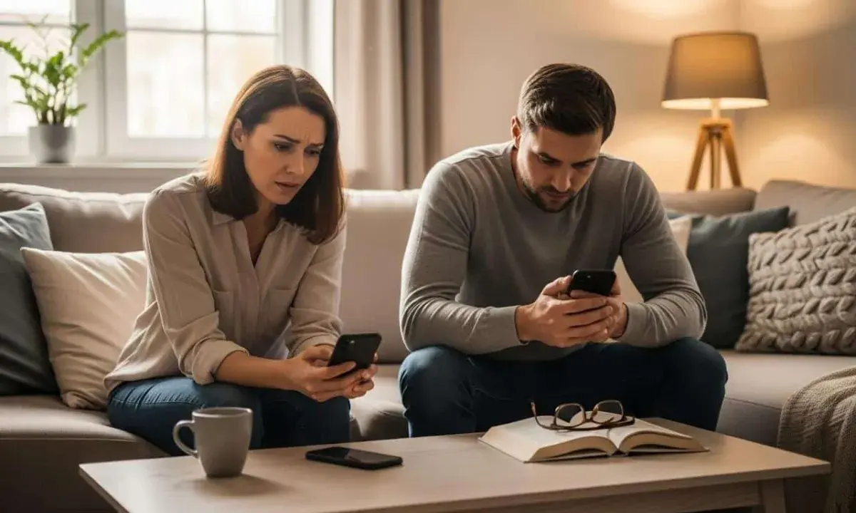 Un couple sur un canapé, chacun sur son téléphone. Elle semble inquiète, lui concentré. Mon mari refuse que je regarde son téléphone, et je me sens exclue.