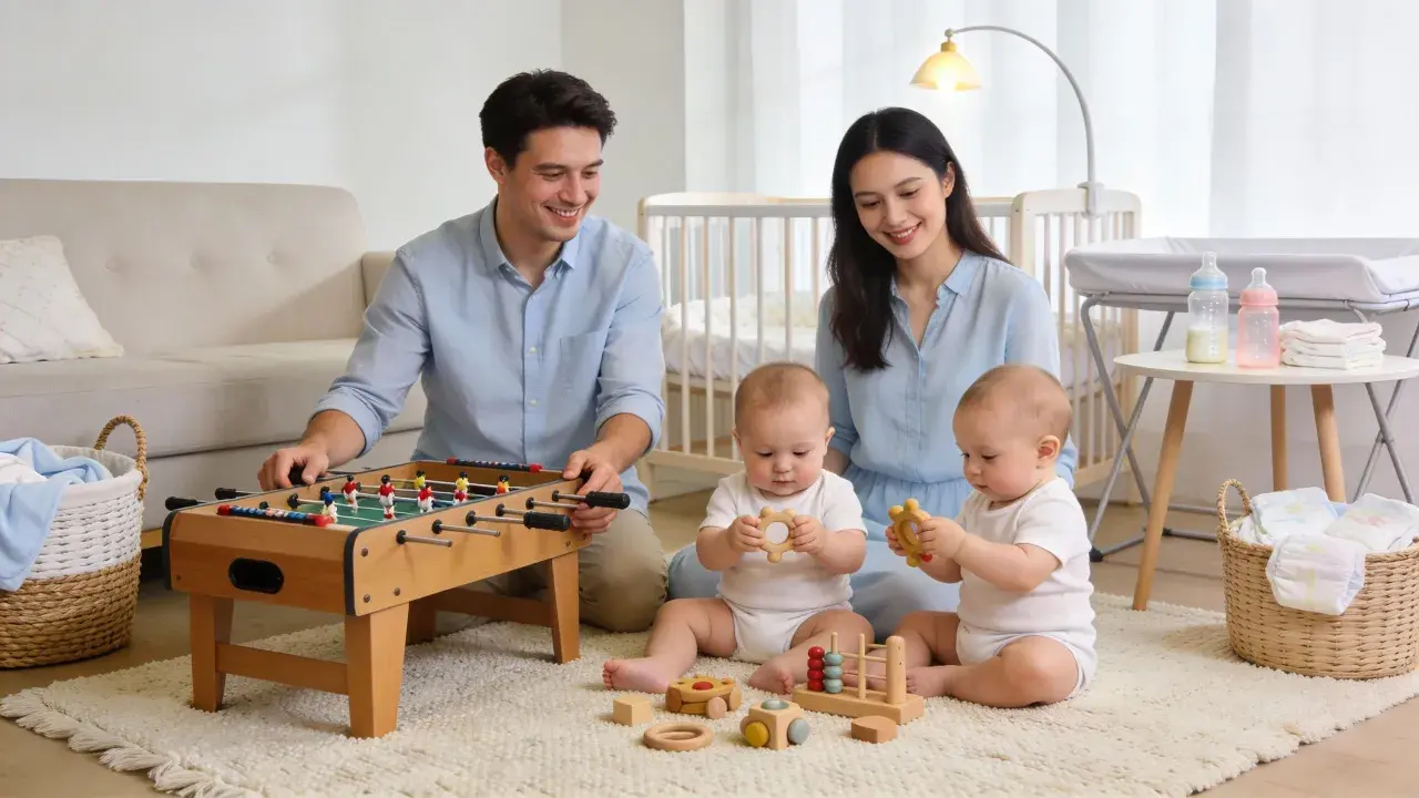 Un père joue au baby-foot pendant que la maman de jumeaux, souriante, observe ses bébés jouer avec des jouets en bois.