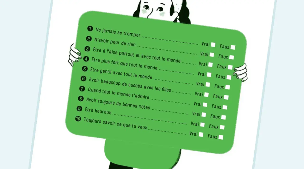 Un personnage tient une liste de questions pour un test sur le manque de confiance en soi. Les questions portent sur l'assurance et le bonheur.