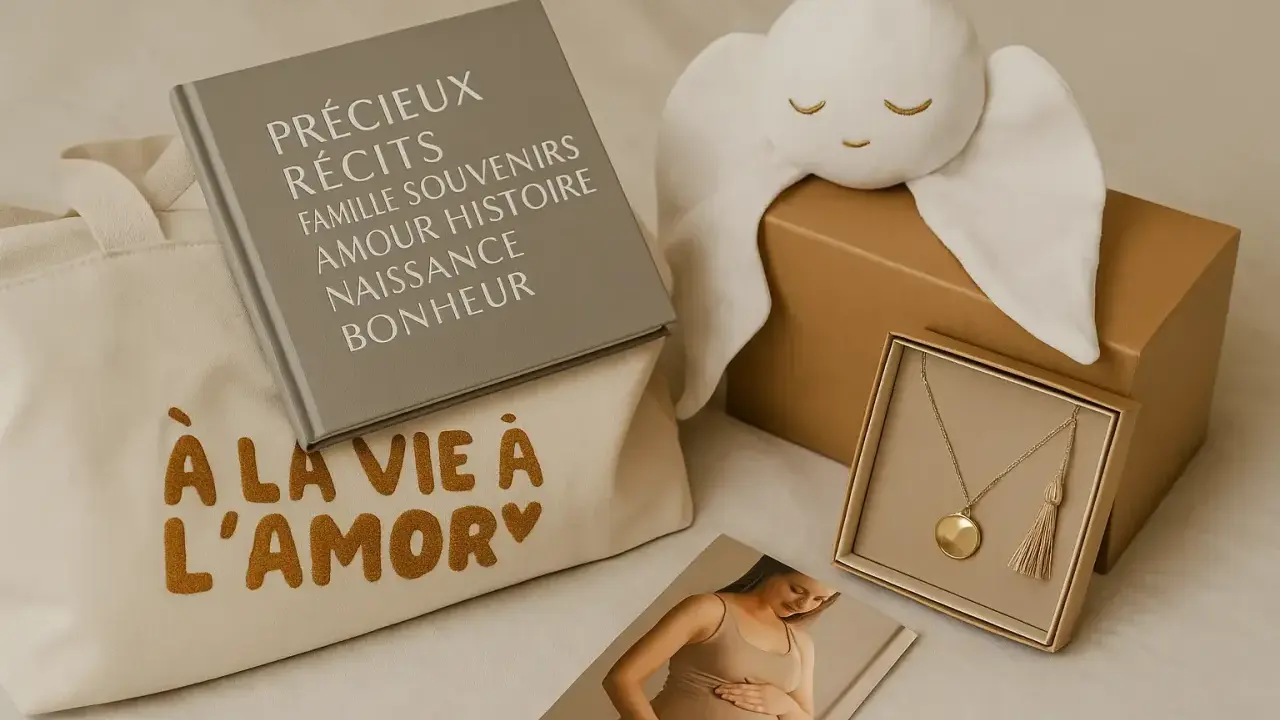 Un joli coffret cadeau pour un message encouragement avant accouchement : un livre, un doudou ange, un collier et une photo de grossesse.