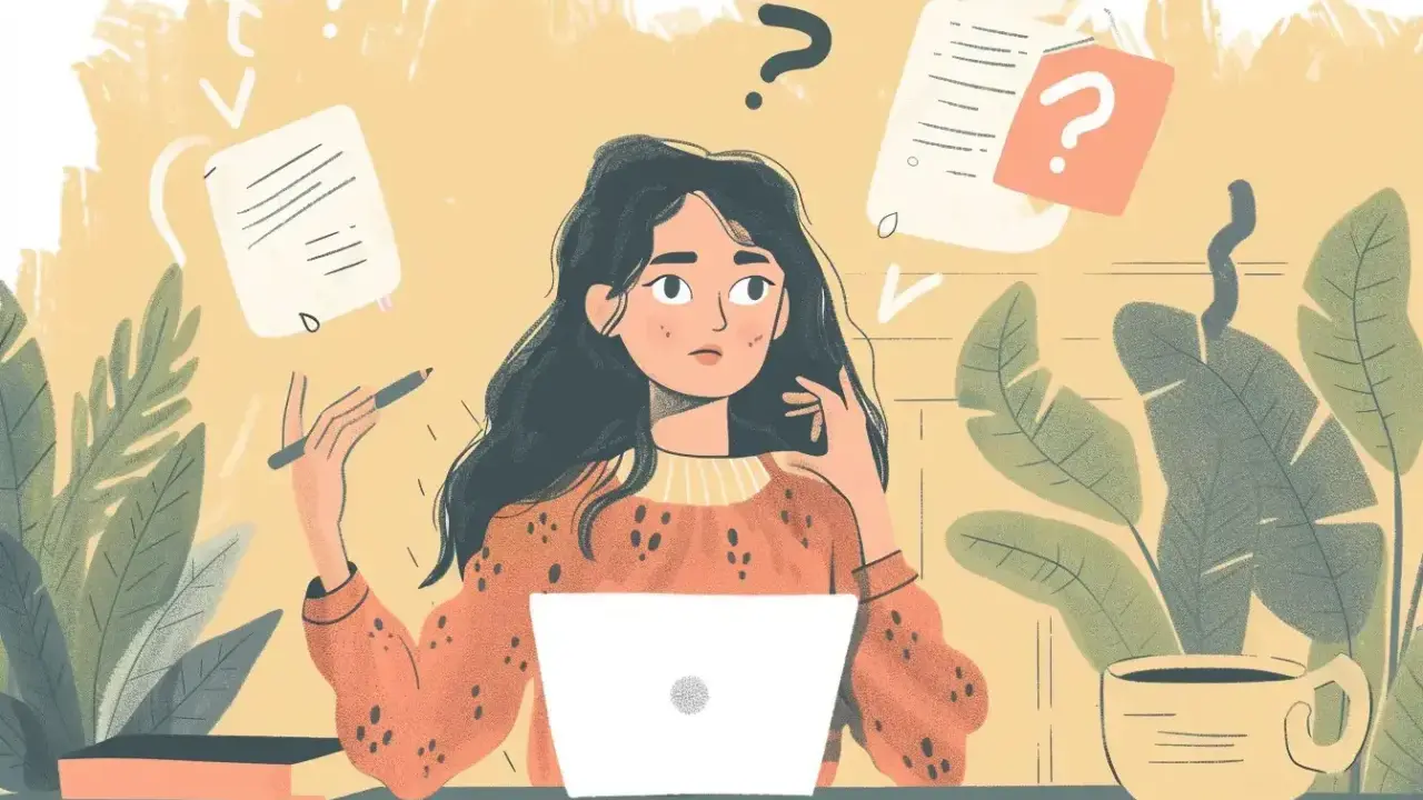 Jeune femme perplexe devant son ordinateur, entourée de papiers flottants et de points d'interrogation. Un test hyperactivité ?