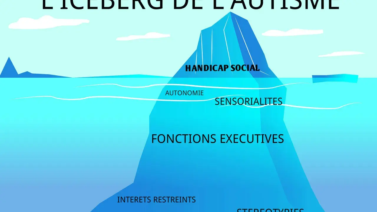 L'iceberg de l'autisme : handicap social, autonomie, sensorialités, fonctions exécutives, intérêts restreints et stéréotypies. Le syndrôme d'Asperger léger est souvent représenté ainsi.