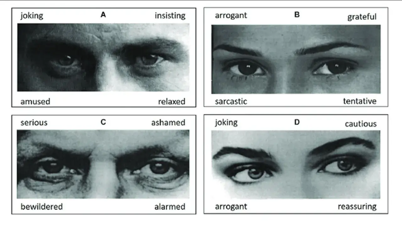 Quatre vignettes montrent des yeux exprimant diverses émotions pour un test d'empathie : amusé, insistant, sarcastique, reconnaissant, perplexe, honteux, arrogant, rassurant.
