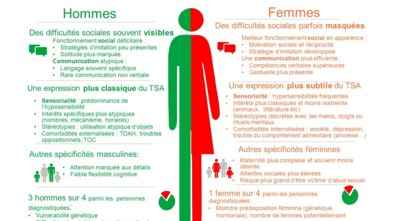 Comparaison des manifestations du test autisme femme et homme. Les femmes ont des difficultés sociales masquées, une expression subtile du TSA.
