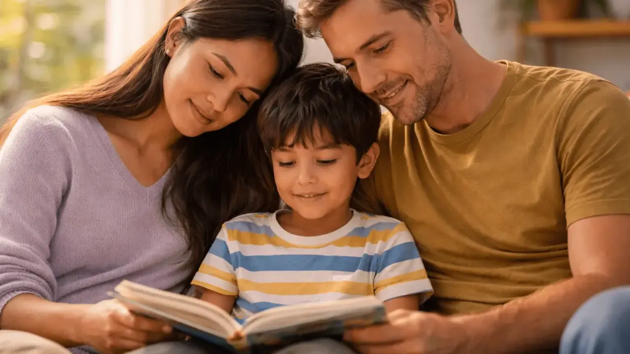 Un enfant lit un livre entouré de ses parents. Une belle scène de **maman famille nombreuse** partageant un moment précieux.