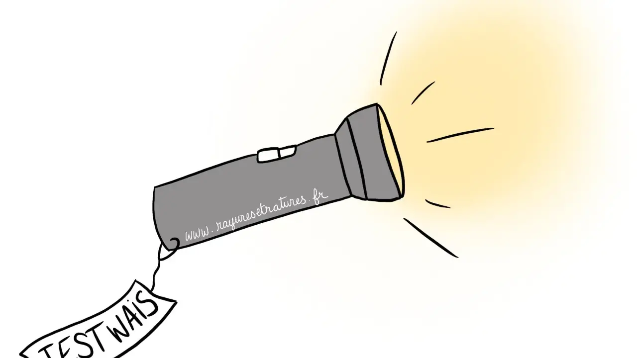 Lampe torche illuminant un test hpi hétérogène, avec une étiquette "TEST WAIS" accrochée.