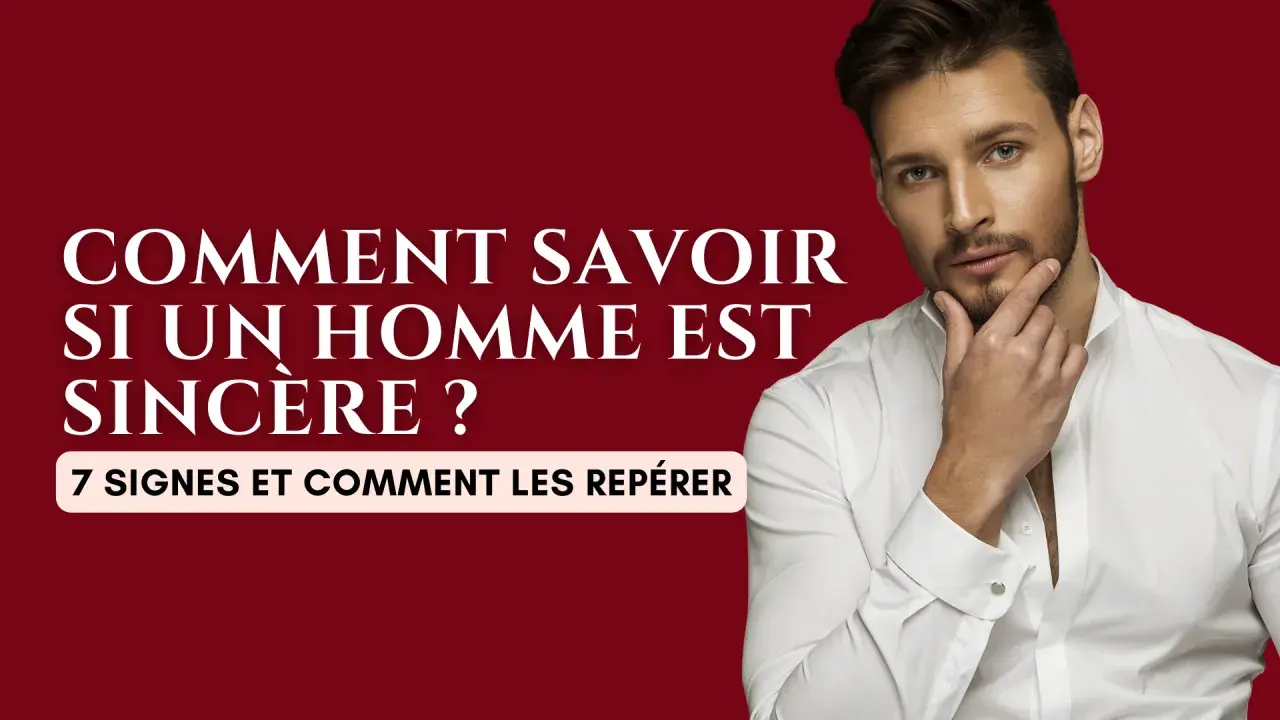 Un homme pensif en chemise blanche, avec le texte "Comment savoir si un homme est sincère ? 7 signes et comment les repérer".