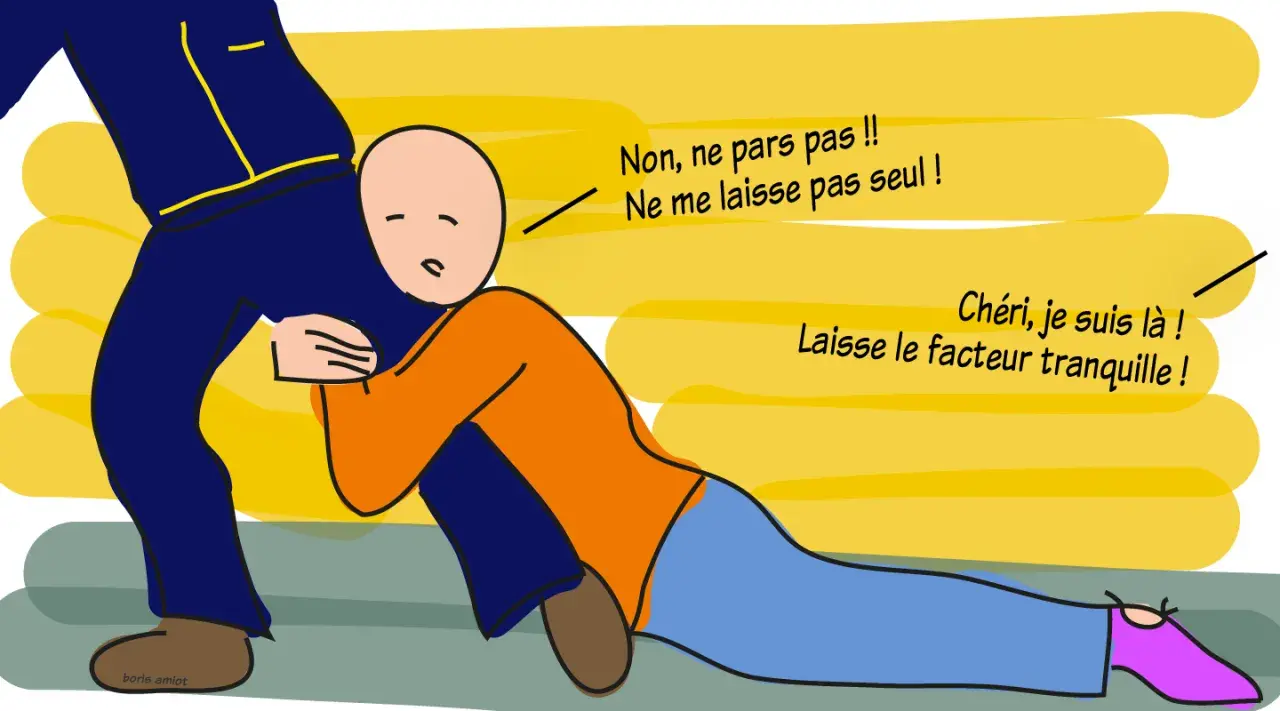 Un homme s'accroche aux jambes d'un autre, implorant "Ne me laisse pas seul !". Une façon de combler un manque affectif ?