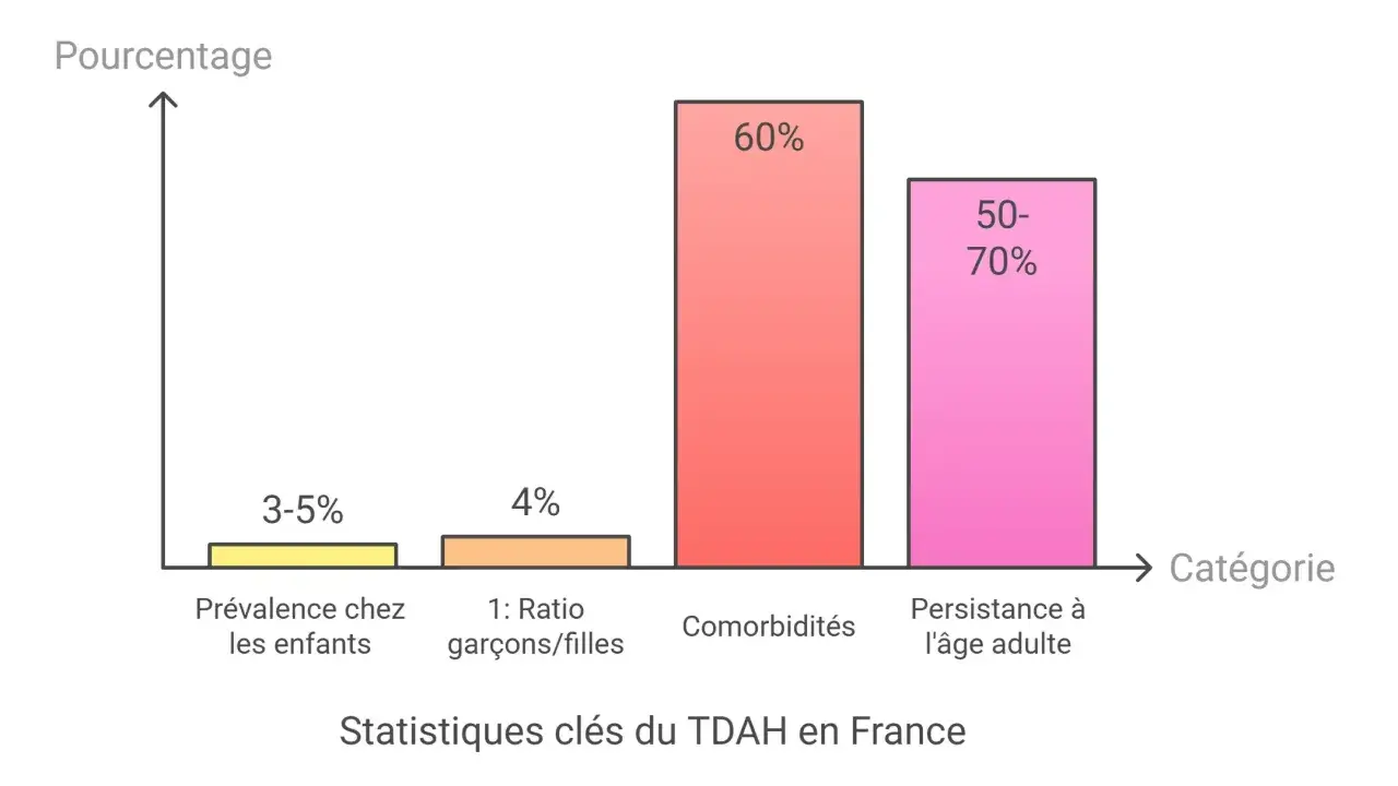 Graphique illustrant des statistiques clés du TDAH en France : prévalence chez les enfants (3-5%), ratio garçons/filles (4%), comorbidités (60%) et persistance à l'âge adulte (50-70%). Ce diagnostic TDA est complexe.