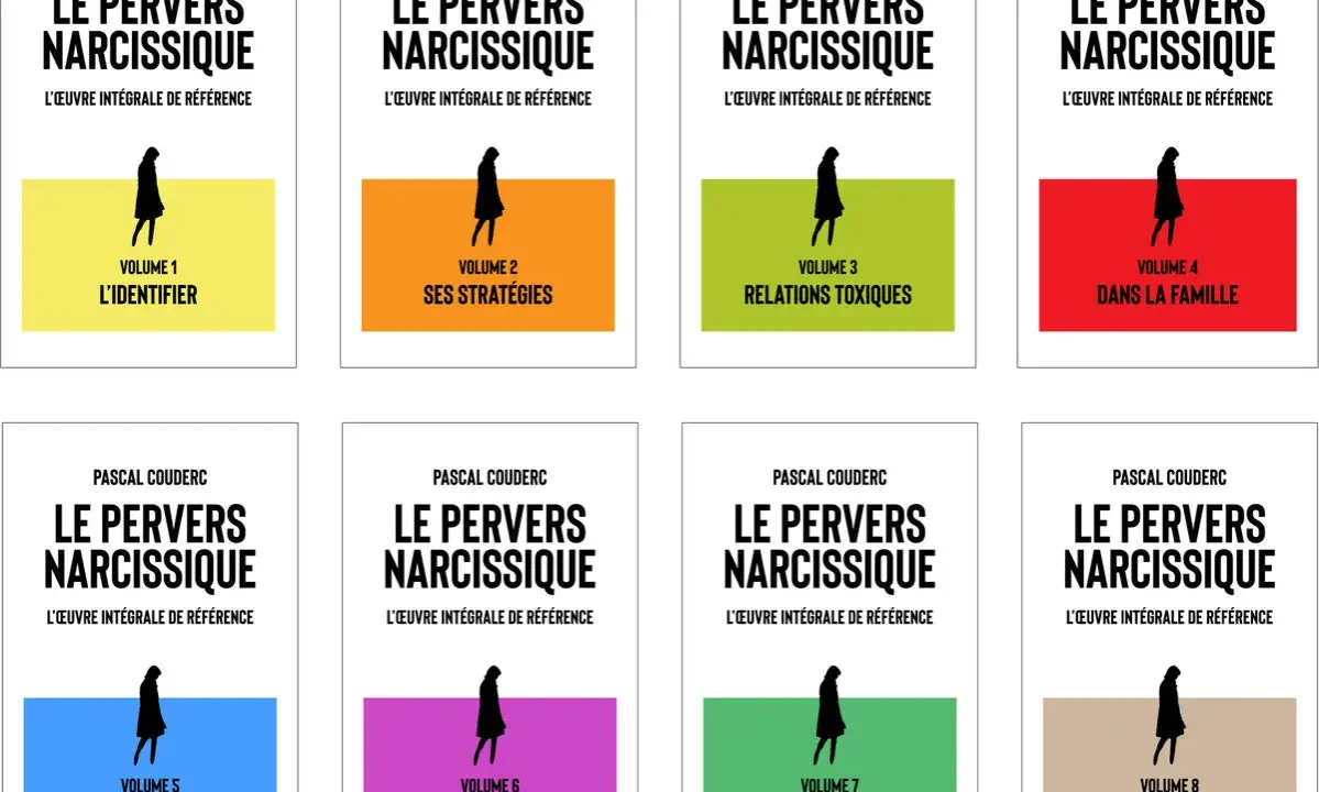Les couvertures des 8 volumes de "Le Pervers Narcissique" de Pascal Couderc. Chaque livre aborde un aspect de ce profil d'homme, de l'identification à la reconstruction.
