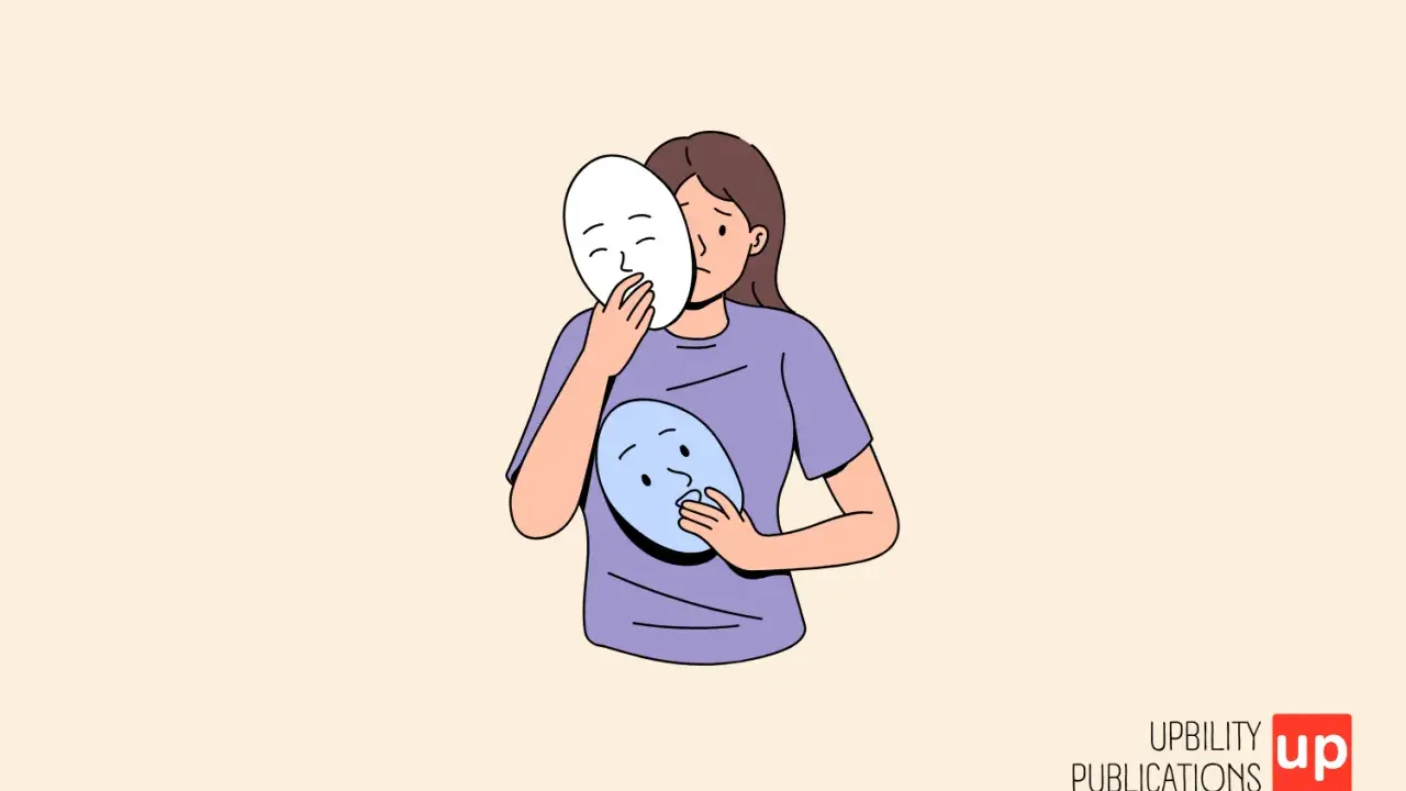 Une jeune femme tient deux masques, l'un devant son visage, l'autre sur sa poitrine. Un questionnaire borderline pourrait aider à comprendre ces changements d'identité.