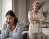 Une jeune femme accablée, jugée par une femme narcissique aux bras croisés.