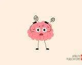 Cerveau rose cartoon, stressé, mains sur la tête, yeux écarquillés. Une illustration qui évoque les défis du HPI et de l'autisme.