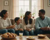 Une famille souriante partage un repas sur le canapé. La maman organisée a préparé des petits pains et des accompagnements pour un moment convivial.