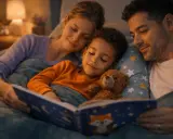 Un doux rituel du coucher pour un enfant de 10 ans : un papa et une maman lisent une histoire à leur fils, blotti contre un ours en peluche.