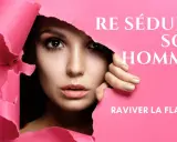 Une femme se dévoile à travers un papier rose déchiré, prête à séduire son mari et raviver la flamme.