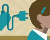 Un cœur bleu relié par un câble à une prise électrique près de la tête d'une personne. Un test HPE pour l'énergie vitale.