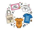 Une drôle d'annonce grossesse : "Bébé en route !", "Oops +1", "La famille s'agrandit", "Mini nous arrive bientôt" et un t-shirt "Futur papa mode survie".