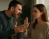 Un homme crie sur une femme qui lève la main pour se protéger. Une scène de conflit, peut-être une tentative de trouver une phrase pour déstabiliser un manipulateur.