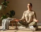 Femme méditant, apaisant son cerveau en ébullition. Une plante verte et une couverture ajoutent à l'atmosphère sereine.
