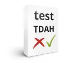 Boîte blanche avec "test TDAH" écrit dessus, un X rouge et une coche verte.
