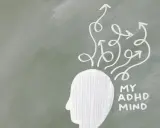 Profil de tête avec flèches chaotiques sortant, symbolisant un esprit HPI et agressivité. "My ADHD Mind" écrit.