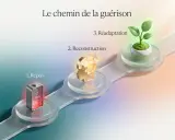 Le chemin de la guérison : 1. Repos (batterie faible), 2. Reconstruction (tête en puzzle), 3. Réadaptation (jeune pousse). Combien de temps pour se remettre d'un pn ?
