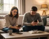 Un couple sur un canapé, chacun sur son téléphone. Elle semble inquiète, lui concentré. Mon mari refuse que je regarde son téléphone, et je me sens exclue.