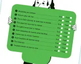 Un personnage tient une liste de questions pour un test sur le manque de confiance en soi. Les questions portent sur l'assurance et le bonheur.