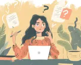 Jeune femme perplexe devant son ordinateur, entourée de papiers flottants et de points d'interrogation. Un test hyperactivité ?
