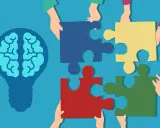Des mains assemblent des pièces de puzzle autour d'une ampoule représentant un cerveau, symbolisant la compréhension de la déficience mentale légère chez l'adulte.