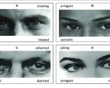 Quatre vignettes montrent des yeux exprimant diverses émotions pour un test d'empathie : amusé, insistant, sarcastique, reconnaissant, perplexe, honteux, arrogant, rassurant.
