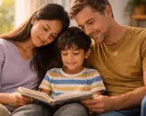 Un enfant lit un livre entouré de ses parents. Une belle scène de **maman famille nombreuse** partageant un moment précieux.