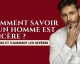 Un homme pensif en chemise blanche, avec le texte "Comment savoir si un homme est sincère ? 7 signes et comment les repérer".