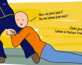 Un homme s'accroche aux jambes d'un autre, implorant "Ne me laisse pas seul !". Une façon de combler un manque affectif ?